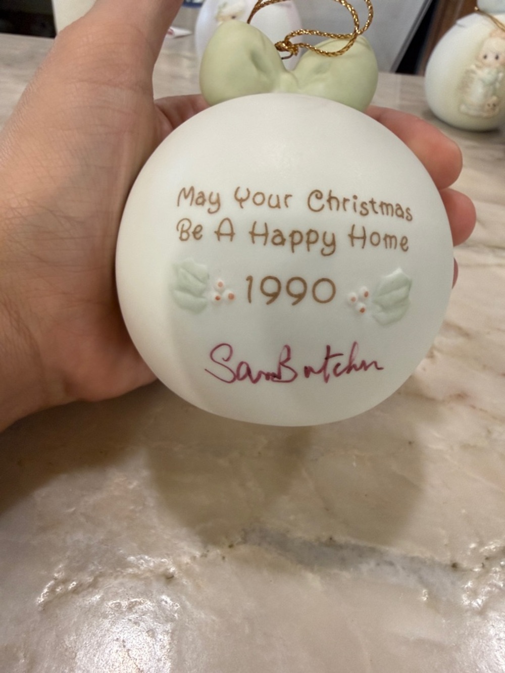 SIGNED 1990 White Christmas Ornament – 'May Your Christmas Be A Happy Home'